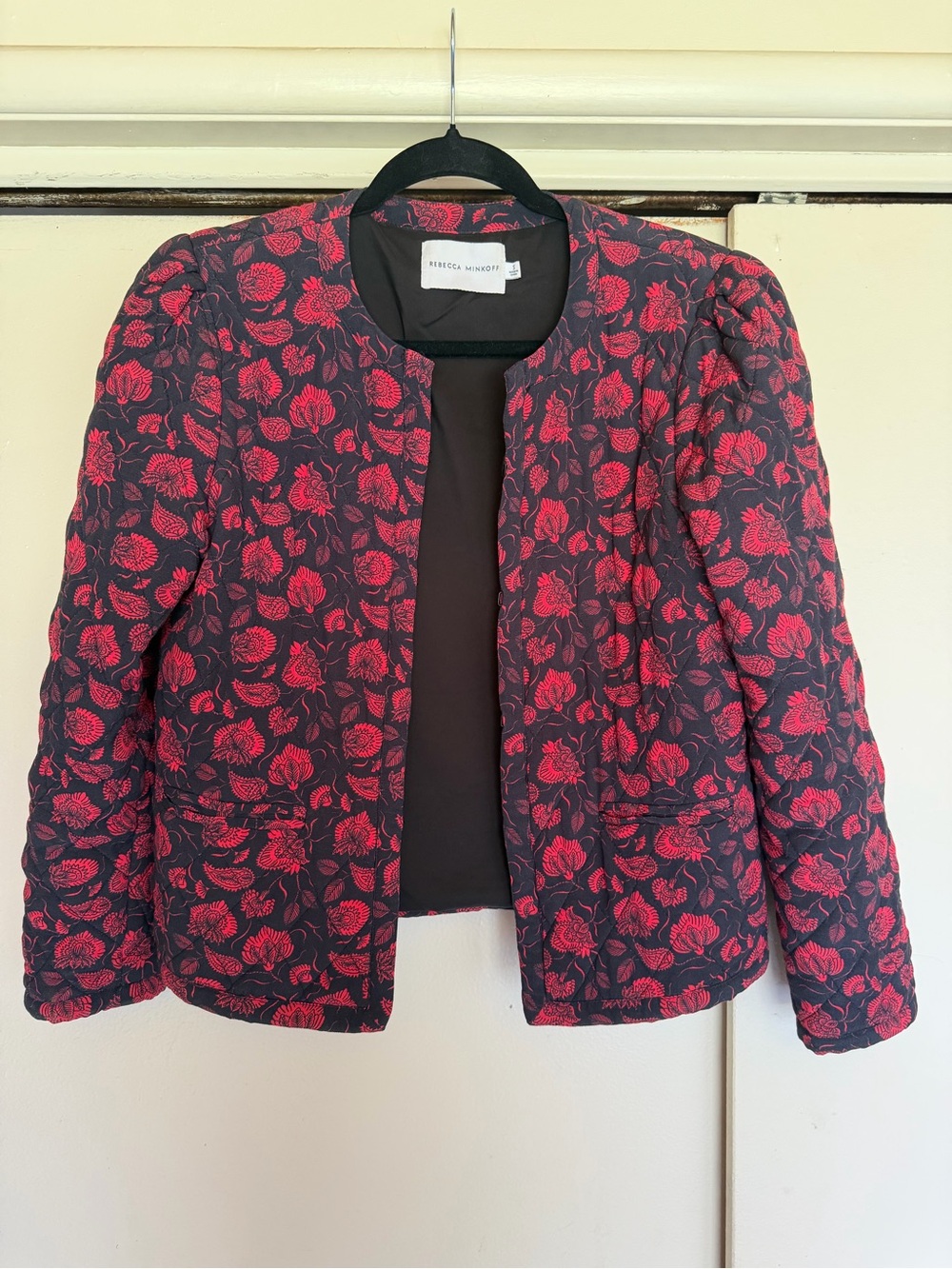 Rebecca Minkoff Black Quilted Jacket with Red Floral Print